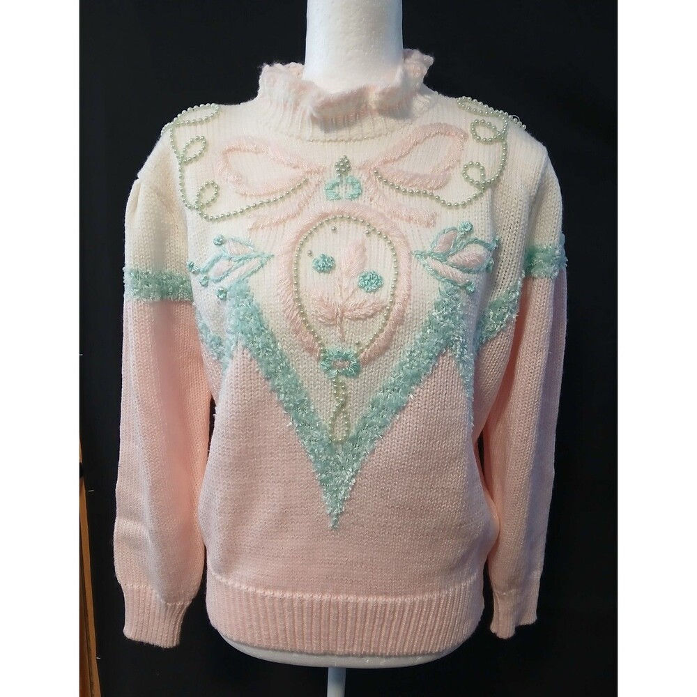 Vintage Jacalyn Smith Light Pink/Light Blue Sweater with pearls  Large